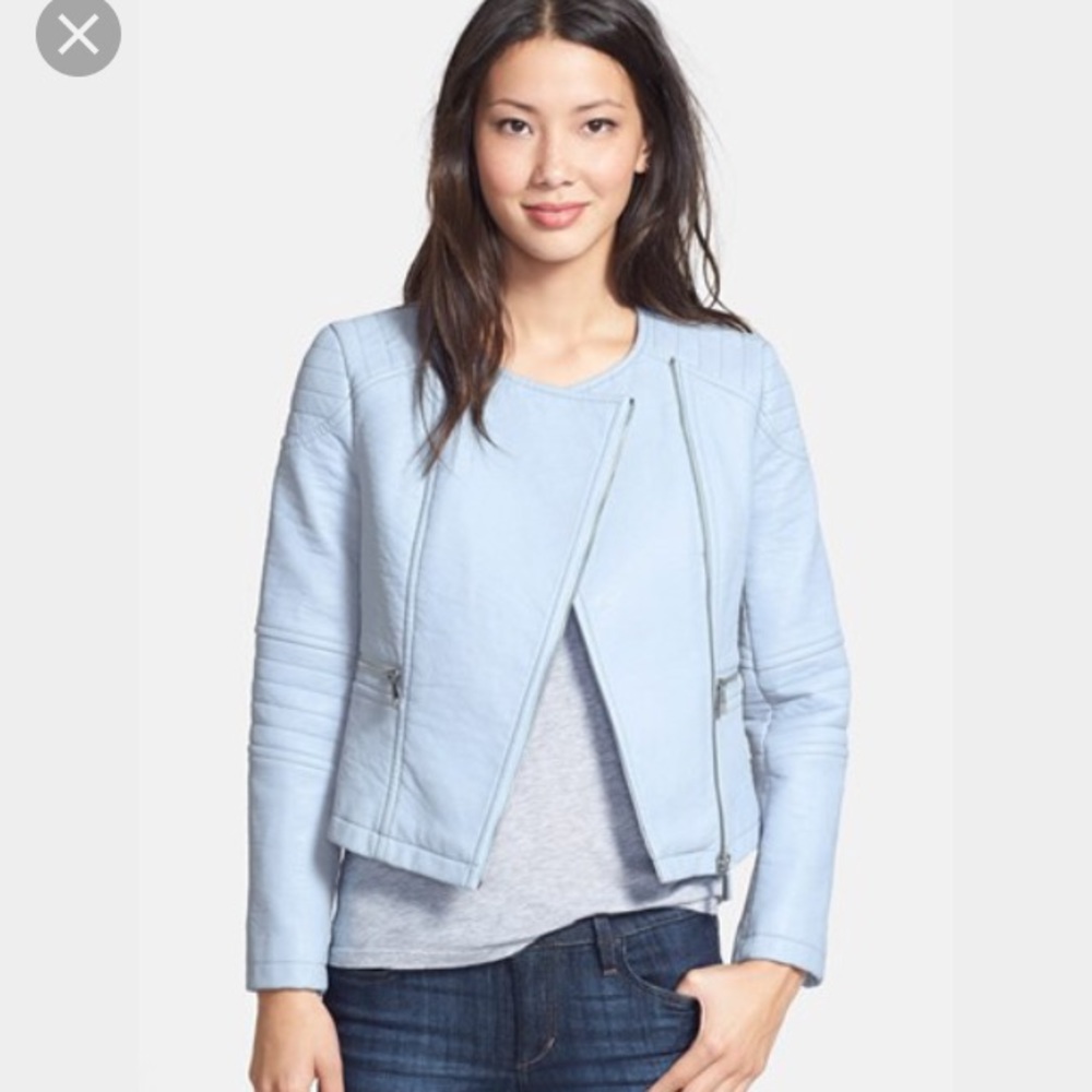 Vince Camuto pale blue collarless faux leather moto jacket